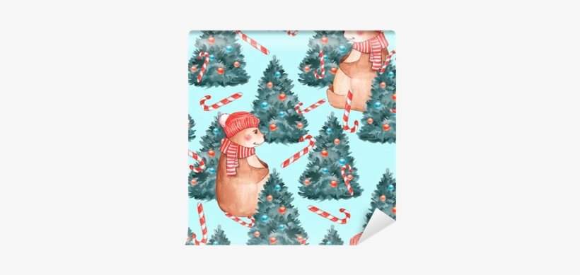 Watercolor Seamless Pattern With Teddy Bear And Fir - Christmas Day, transparent png download