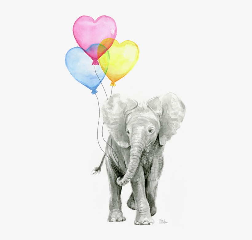 Watercolor Elephant With Heart Shaped Balloons Fleece - Elephant Watercolour, transparent png download