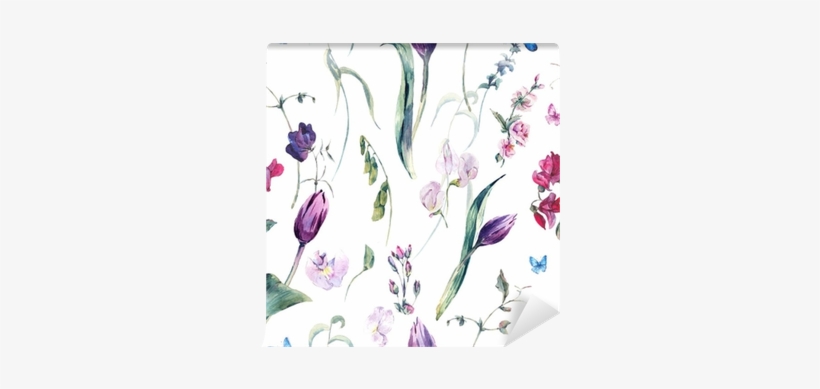 Watercolor Seamless Background With Sweet Peas, Tulips - Watercolor Painting, transparent png download