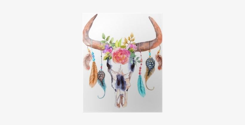 Watercolor Bull Skull With Flowers And Feathers Poster - Boho Cow Skull, transparent png download