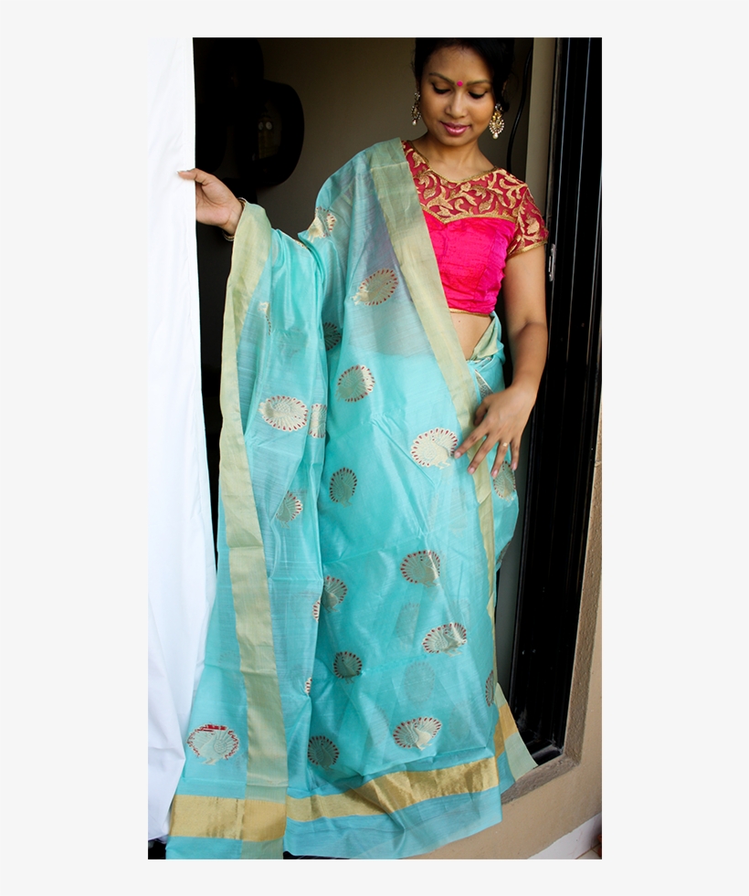 Chanderi Silk Saree In Turquoise With Large Motifs - Silk, transparent png download