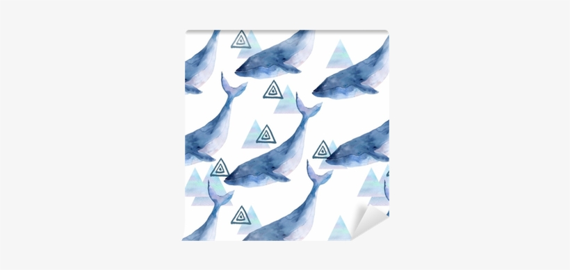 Watercolor Seamless Pattern With Whale And Geometrical - Watercolor Painting, transparent png download