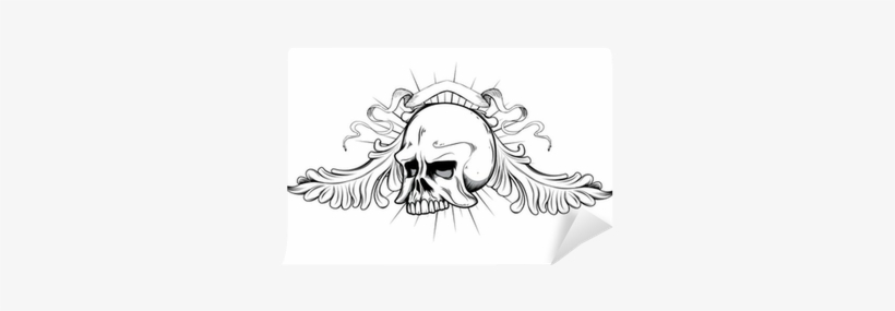 Vintage Emblem With Skull, Floral And Ribbon Wall Mural - Skull, transparent png download
