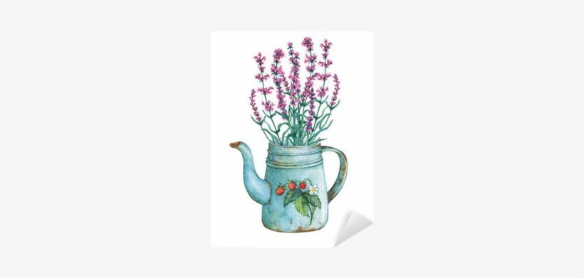 Vintage Blue Metal Teapot With Strawberries Pattern - Vintage Lavender Flowers, transparent png download