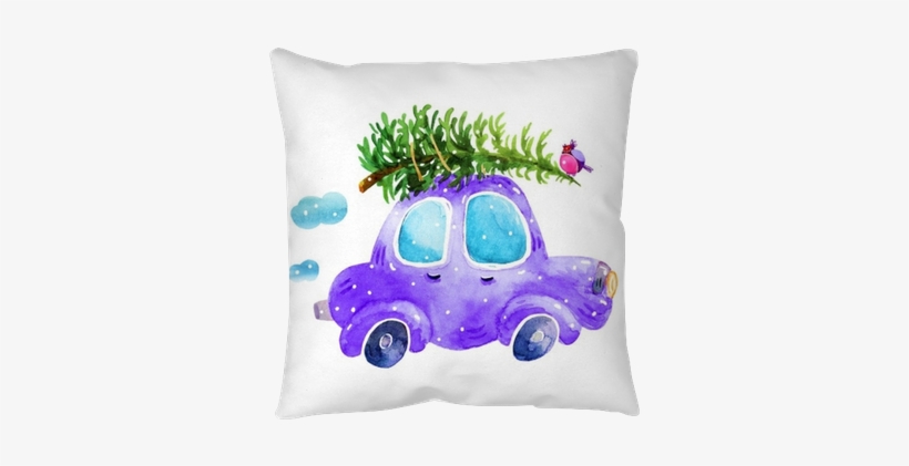 Watercolor Winter Retro Car With Christmas Tree And - Christmas Tree On Car Drawing, transparent png download