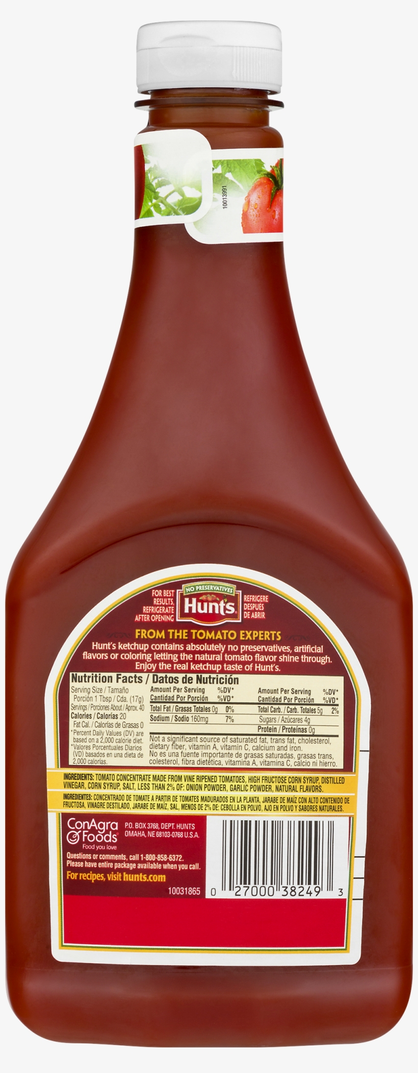 Hunt's 100% Natural Tomato Ketchup - 24 Oz Bottle, transparent png download