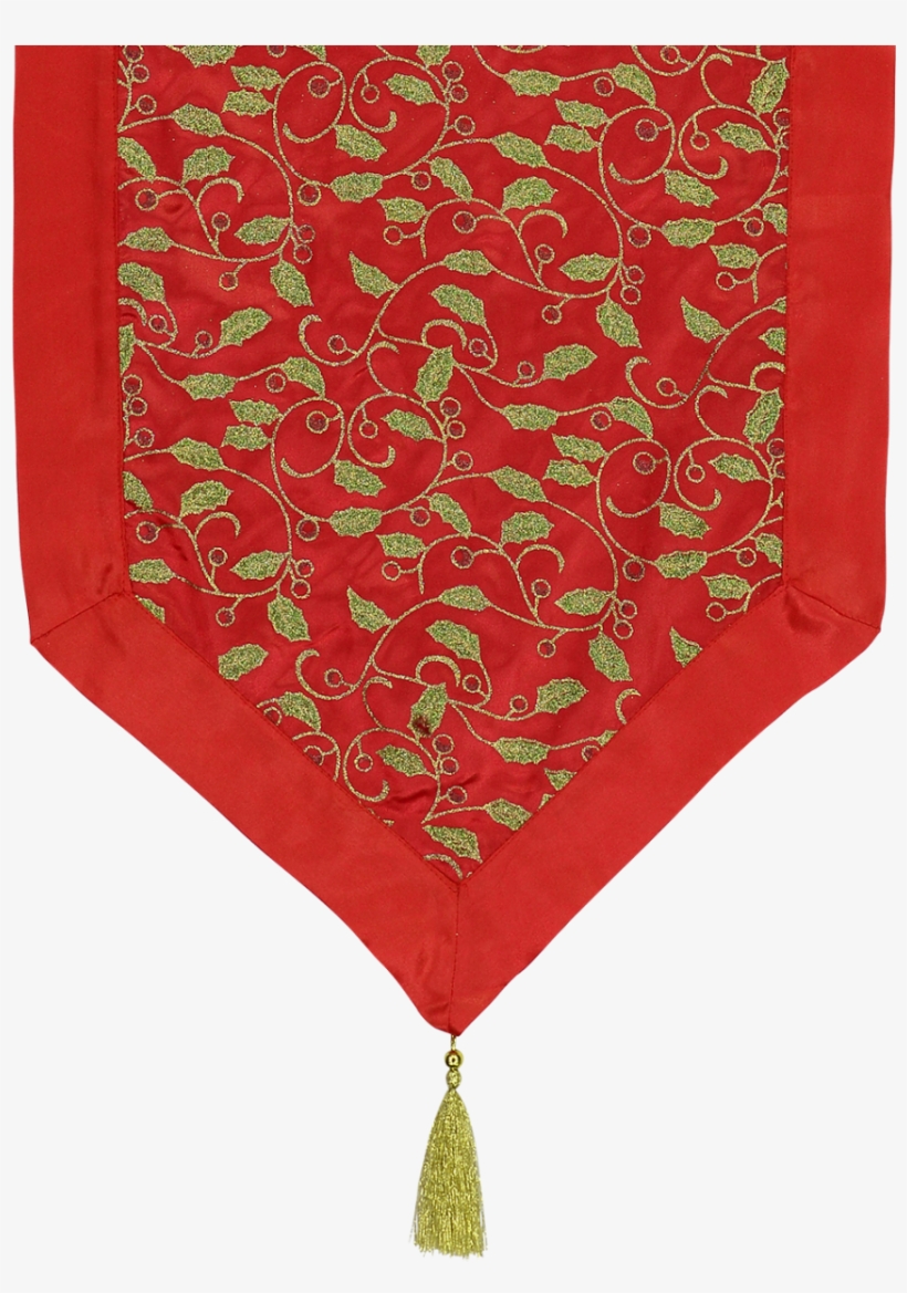 Red Table Runner With Green Holly Leaf Design & Gold - Code, transparent png download