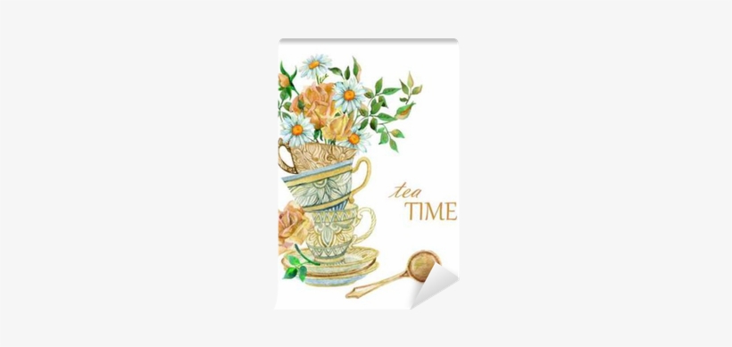Watercolor Tea Cups Background With Spoon And Flowers - Water Color Floral Tea, transparent png download