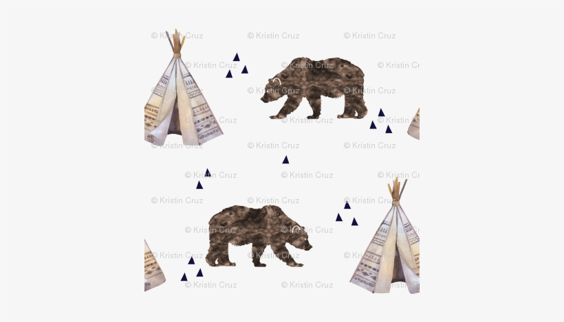 Watercolor Bears And Teepee - Bears Fabric - Watercolor Bears Andteepee Custom Fabric, transparent png download