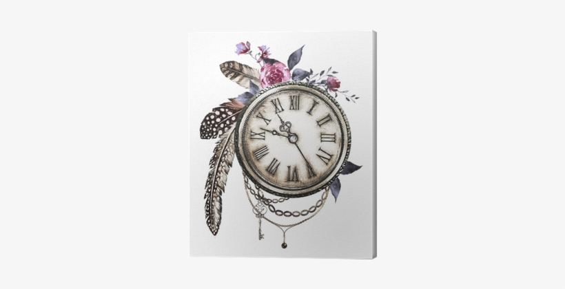 Steam Punk Watercolor Illustration With Wildflowers, - Tatuagens De Rosas Com Relogio, transparent png download