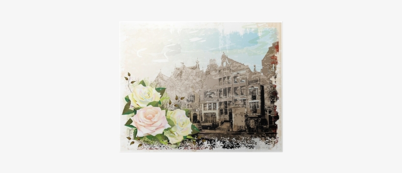 Vintage Illustration Of Amsterdam Street And Roses - Illustration, transparent png download