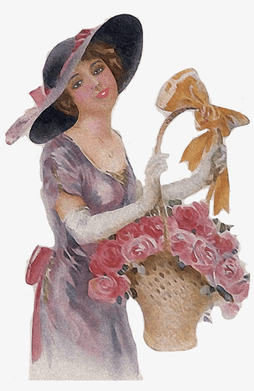 Woman Holding Flower Basket Vintage Png - Vintage Lady Png, transparent png download