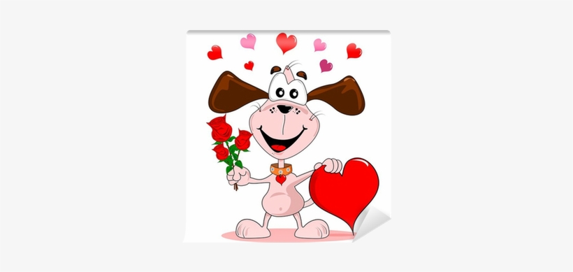 A Cartoon Dog With Red Roses & Love Heart Wall Mural - New Year 2012 Cartoon, transparent png download