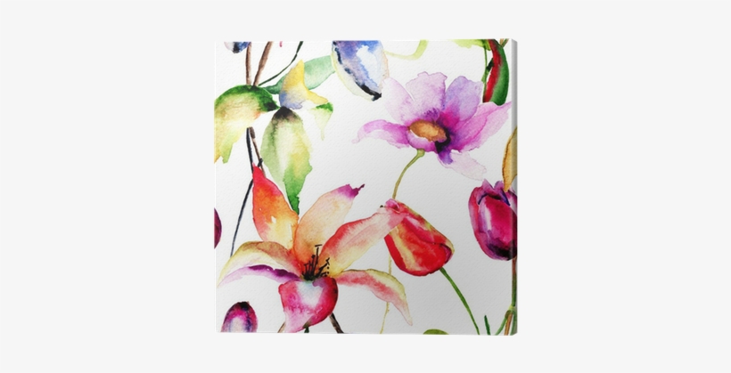 Watercolor Painting Of Tulips And Lily Flowers Canvas - Flowers Tulips Painting, transparent png download