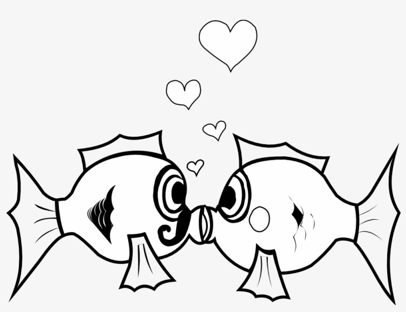 Fish Love Art Sheet Page Black White Line Art 555px - Kiss Clip Art Black And White, transparent png download