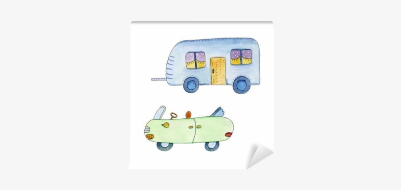 Cute Green Car With Trailer In Cartoon Style - Aanhanger Cartoon, transparent png download