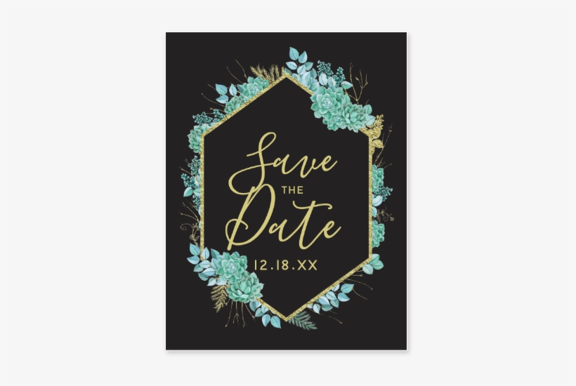 Aqua Teal Watercolor Succulents Gold Foil Frame & Black - Wedding Invitation, transparent png download