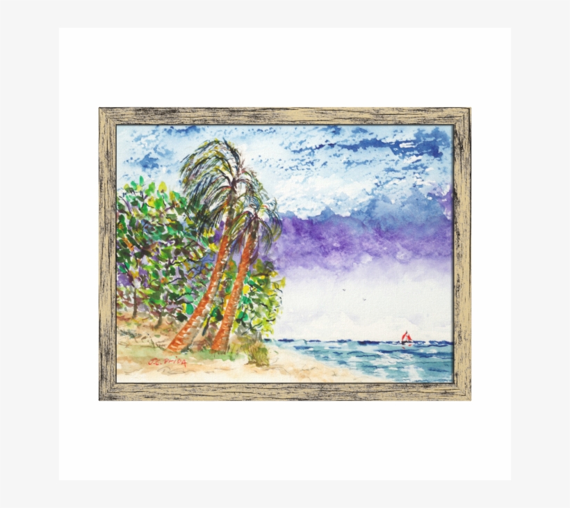 Lone Sail Boat & Palm Trees North Carolina Beach Gallery - Painting, transparent png download