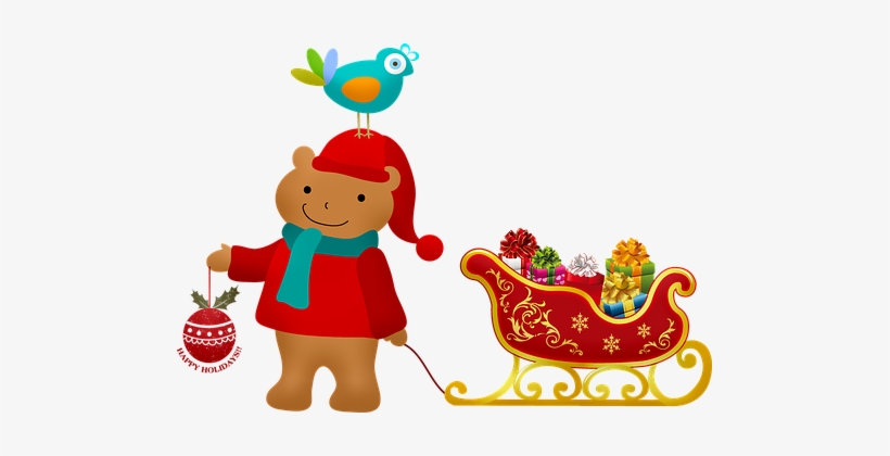 Christmas Bear With Sleigh, Bird On Head - Christmas Characters Vector Png, transparent png download