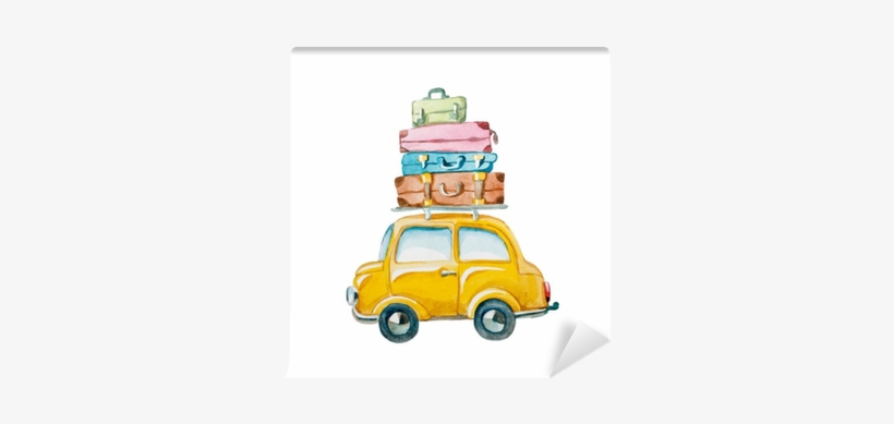 Hand Drawn Yellow Car With Suitcase On The Roof - Watercolor Suitcase Clipart, transparent png download