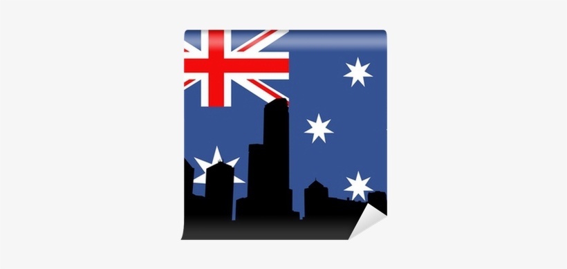 Melbourne Skyline Against Australian Flag Wall Mural - Black Gold And Green, transparent png download