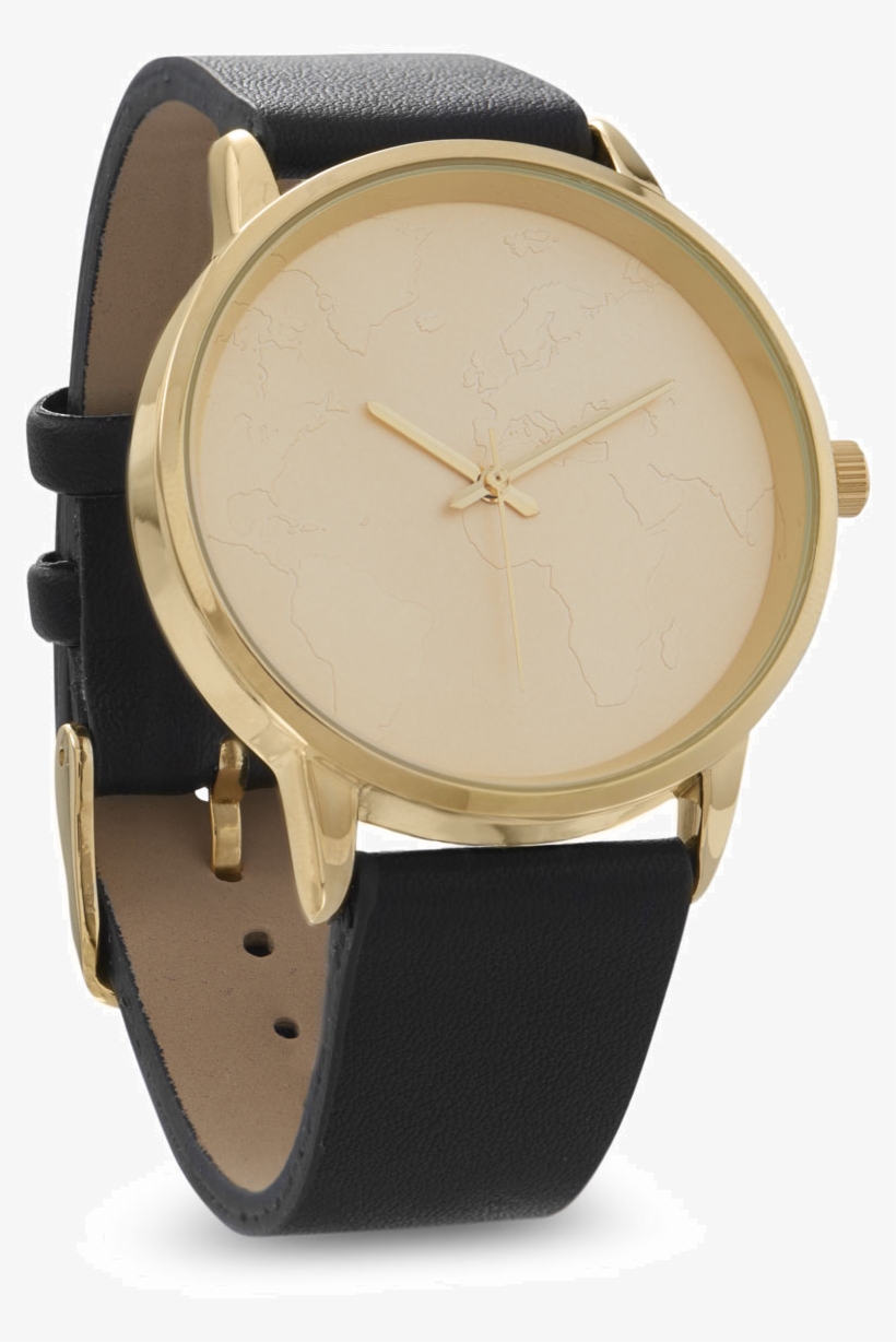 Fashion Unisex Watch With World Map Outline - Gold World Map Case With Black Leather Band - Unisex, transparent png download