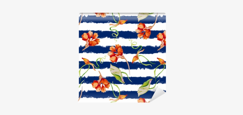 Nasturium On The Striped Nautical Background - Watercolor Painting, transparent png download