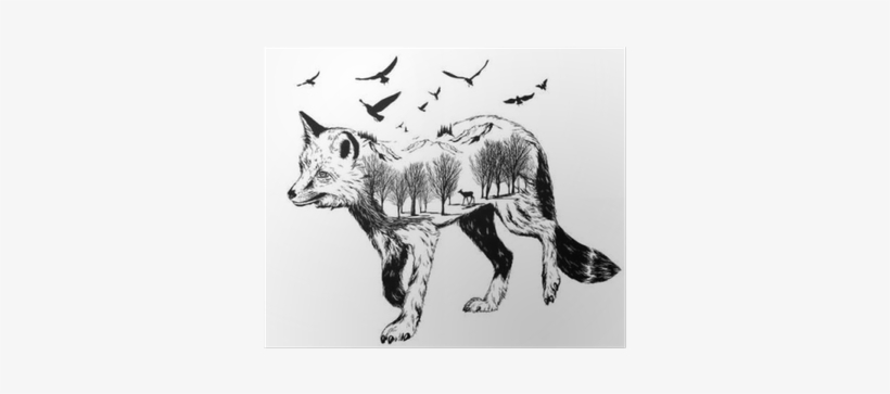 Vector Double Exposure, Silhouette Of Fox Poster • - Silueta De Un Zorro, transparent png download