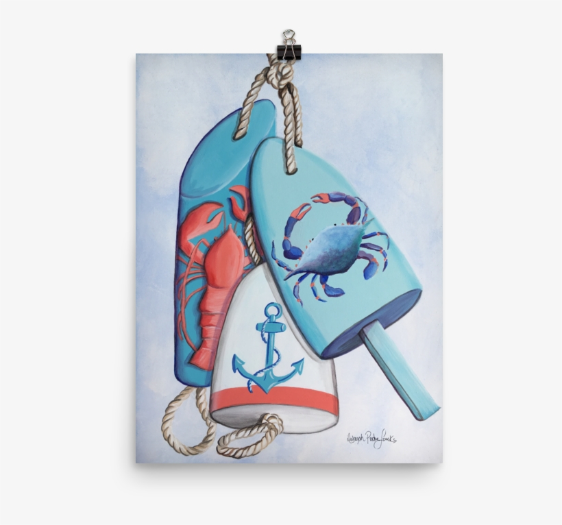 Original Coastal Theme Artwork With Buoys, Lobster, - Cartoon, transparent png download