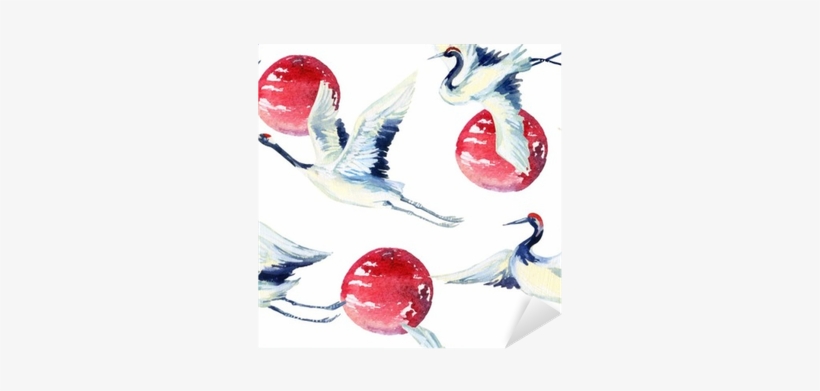 Watercolor Asian Crane Bird Seamless Pattern Sticker - Grue Asiatique, transparent png download