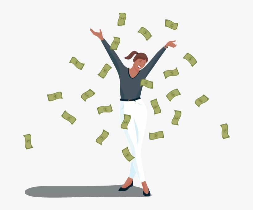 Money Falling From The Sky Around Smiling Woman - Jumping, transparent png download