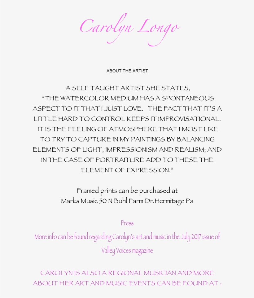Carolyn Longo About The Artist A Self Taught Artist - Document, transparent png download