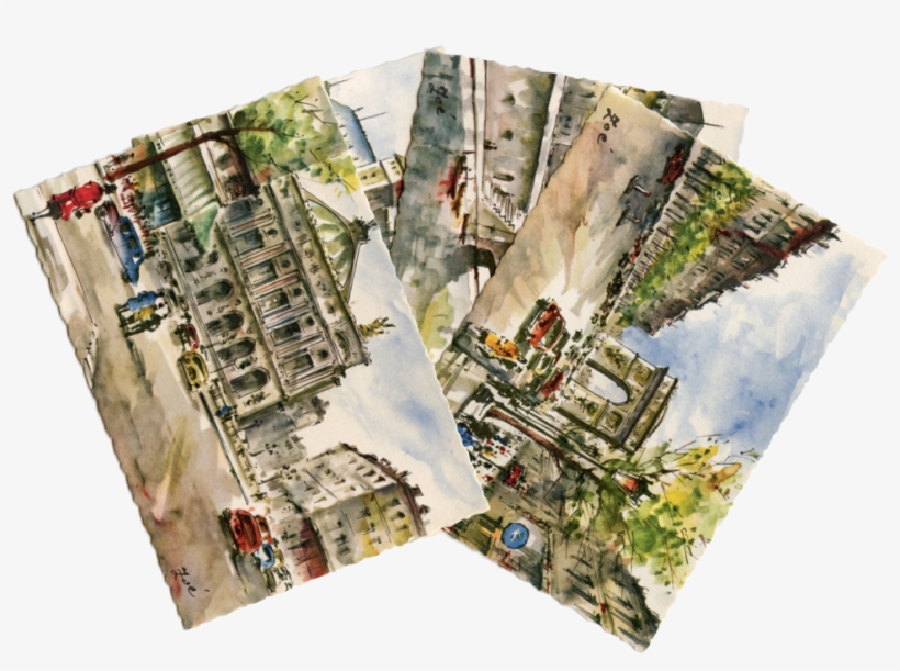4 Paris Watercolor Print Postcards By Zoe Circa 1950-1960s - Sketch, transparent png download