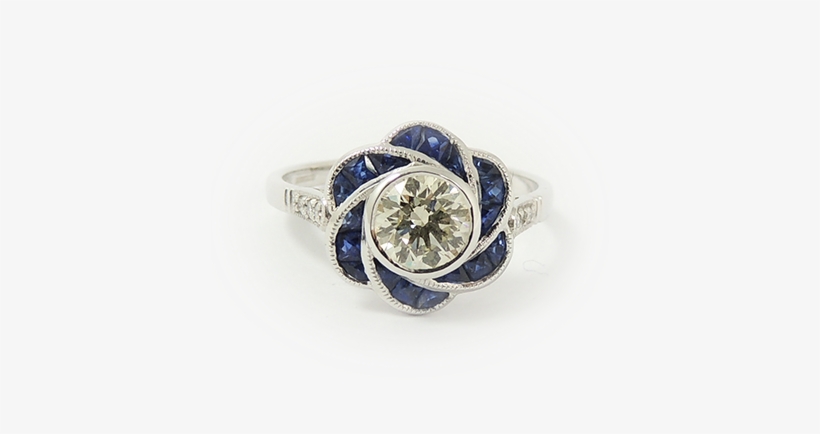 18k White Gold Art Deco Diamond And Sapphire Ring - Product, transparent png download