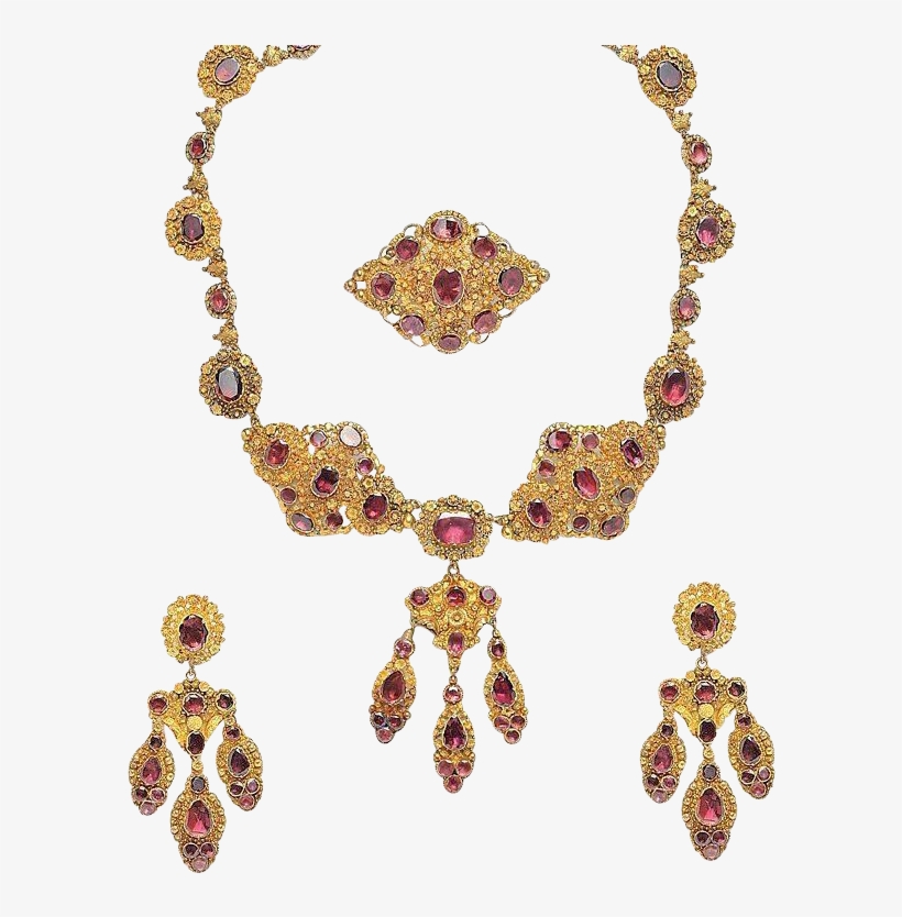 Antique Parure Set Cannetille Garnet Necklace Earring - Earring, transparent png download