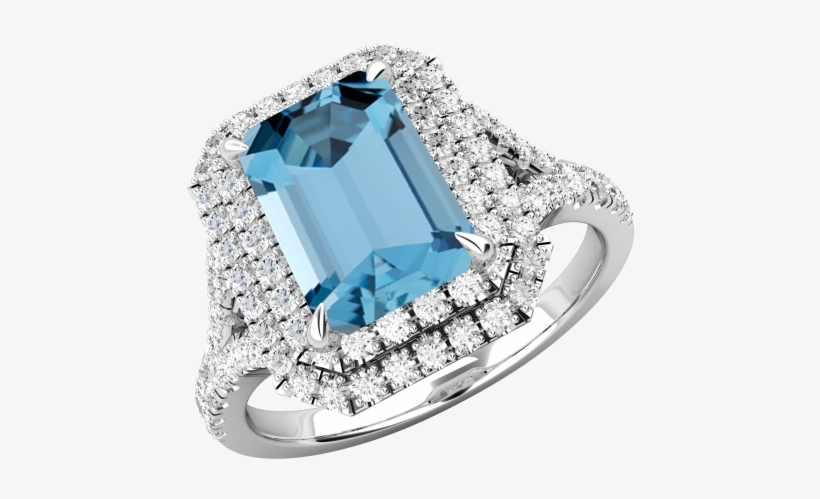 A Stunning Aqua And Diamond Double Halo Ring Set In - Emerald Ring Diamond, transparent png download