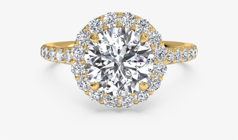 French-set Halo Pave Engagement Ring In 18k Yellow - Round Halo Engagement Ring With Diamond Band, transparent png download