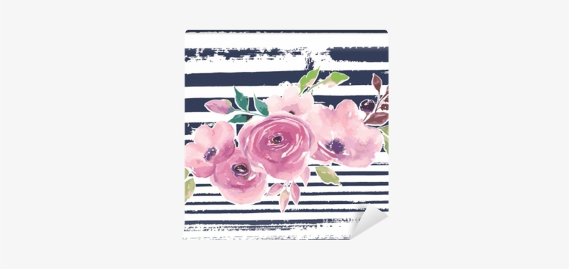 Painted Flowers On Striped Background Wall Mural • - Flower, transparent png download