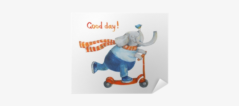 Elephant On Scooter With Bird - Watercolor Painting, transparent png download