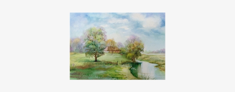 Watercolor Landscape Collection - Designart - Village Life - Landscape Art Print Canvas, transparent png download