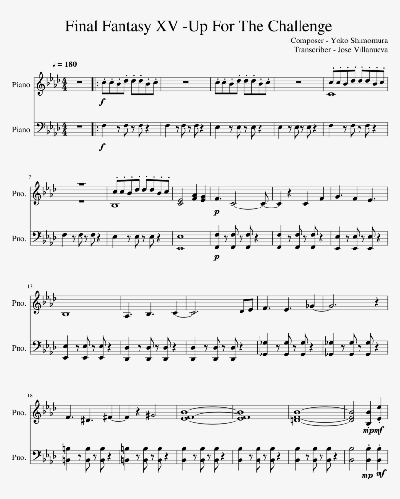 Final Fantasy Xv -up For The Challenge Sheet Music - Piano, transparent png download
