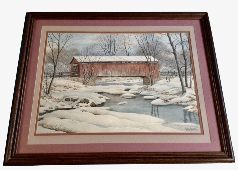 Carl Gilbert Red Covered Bridge In Snowy Landscape - Watercolor Painting, transparent png download
