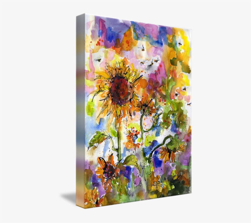 "sunflowers Bees Watercolor Painting By Ginette" By - Gallery-wrapped Canvas Art Print 24 X 32 Entitled Sunflowers, transparent png download