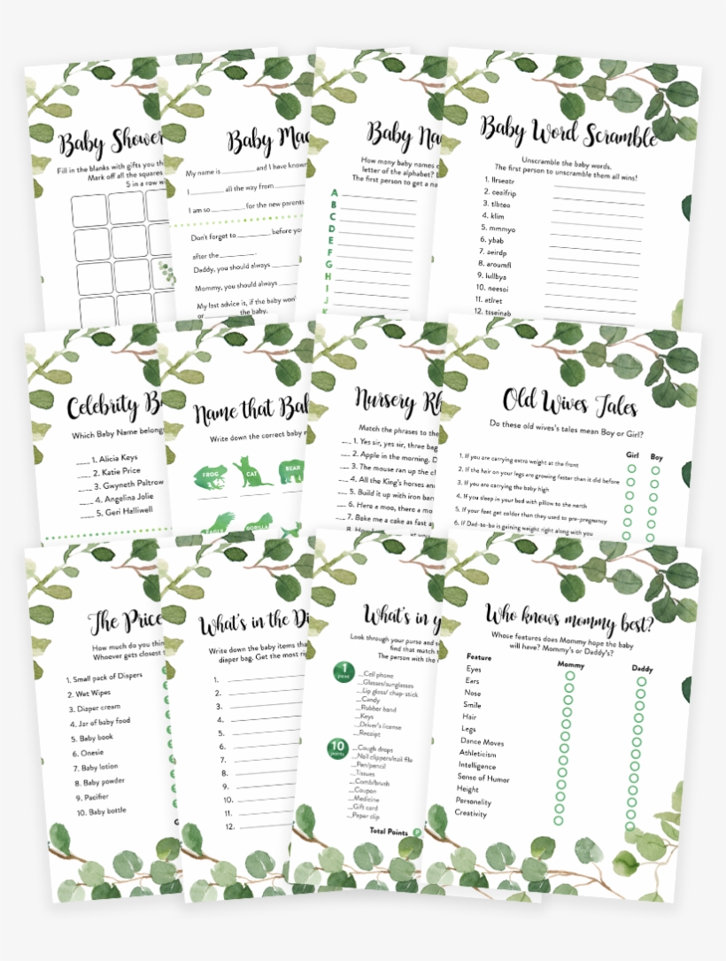 Greenery Foliage Baby Shower Game Pack - Game, transparent png download