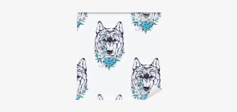 Seamless Pattern Of A Wolf Head With A Flower On A - Fond Blanc Tete De Loup, transparent png download