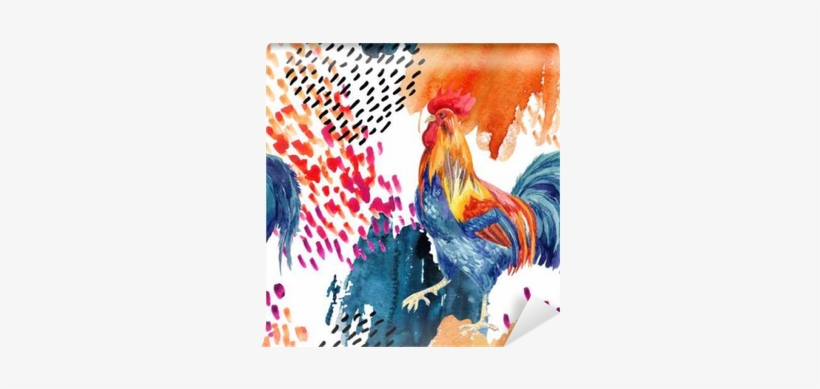 Abstract Watercolor Rooster Seamless Pattern Wall Mural - Watercolor Painting, transparent png download