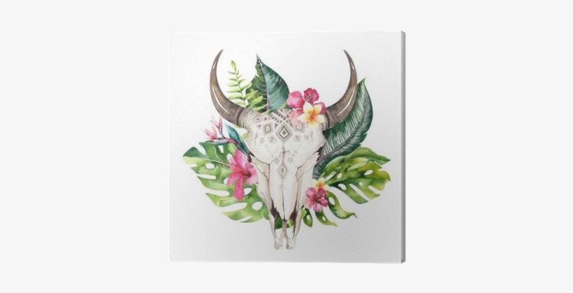 Watercolor Bohemian Cow Skull And Tropic Palm Leaves - Boho Cow Skull And Flowers, transparent png download