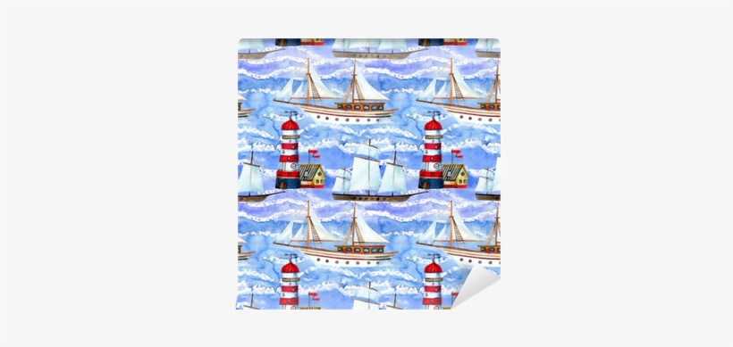 Watercolor Sailing Ships And Lighthouse Seamless Pattern - Sailing Ship, transparent png download