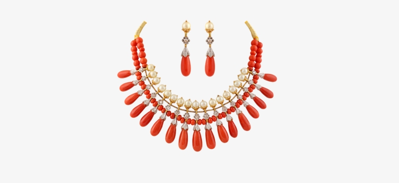 A Necklace Of Coral And Pearl In Nizami Design - Traditional Coral Maharashtrian Jewellery, transparent png download