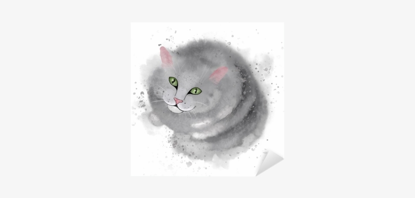 Grey Cute Cat Sitting And Smiling At You - Watercolor Painting, transparent png download